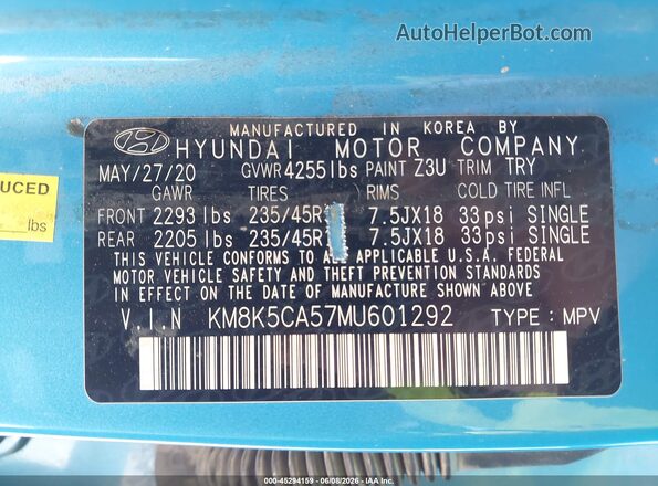 KM8K5CA57MU601292 2021 HYUNDAI KONA Blue Widok komory silnika