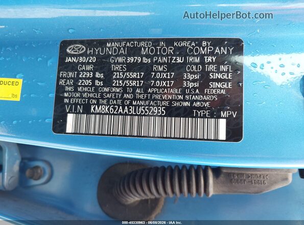 KM8K62AA3LU552935 2020 HYUNDAI KONA Черный Вид подкапотного пространства