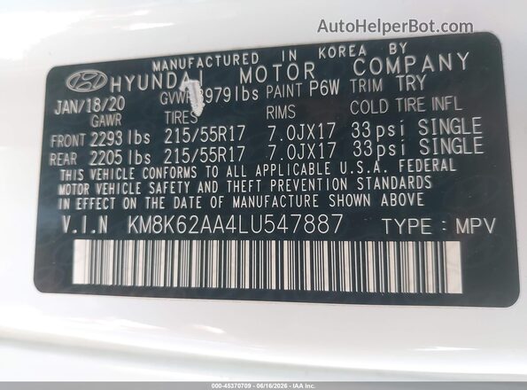 KM8K62AA4LU547887 2020 HYUNDAI KONA White Widok komory silnika