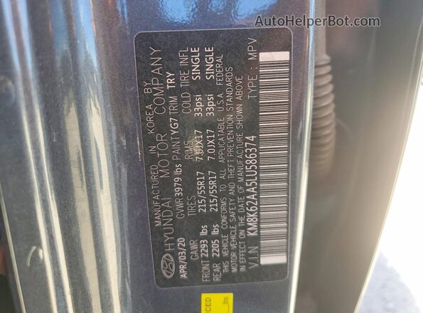 KM8K62AA5LU586374 2020 HYUNDAI KONA Gray VIN კოდის სტიკერის ხედი