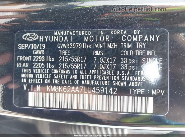 KM8K62AA7LU459142 2020 HYUNDAI KONA Black ძრავის განყოფილების ხედი