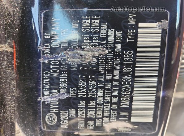 KM8K62AB3NU811385 2022 HYUNDAI KONA Black VIN sticker view