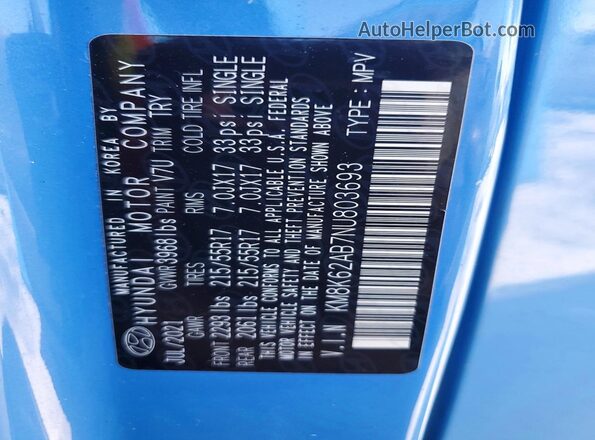 KM8K62AB7NU803693 2022 HYUNDAI KONA Синий Вид наклейки с VIN-кодом