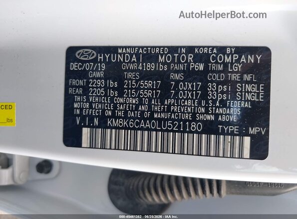 KM8K6CAA0LU521180 2020 HYUNDAI KONA White ძრავის განყოფილების ხედი