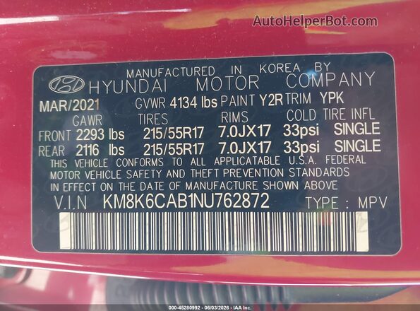 KM8K6CAB1NU762872 2022 HYUNDAI KONA Red Vista del compartimento del motor