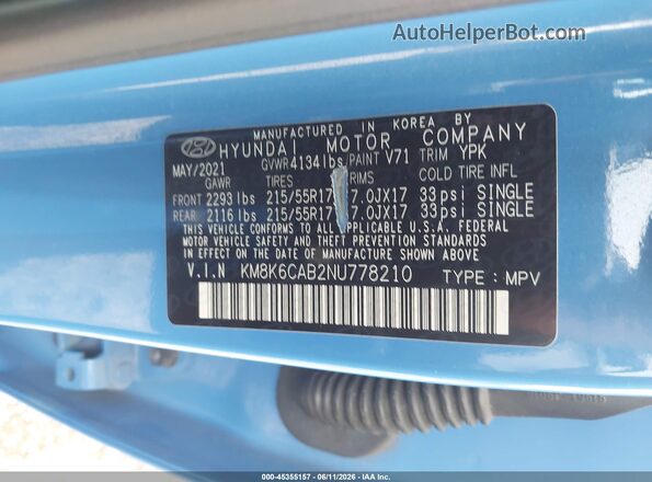 KM8K6CAB2NU778210 2022 HYUNDAI KONA Blue Engine compartment view