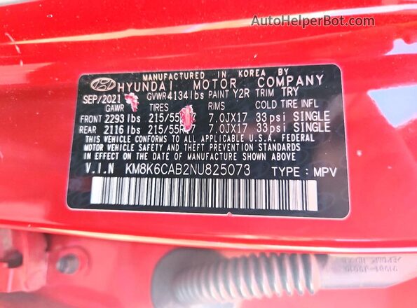 KM8K6CAB2NU825073 2022 HYUNDAI KONA Red VIN կոդի պիտակի տեսք