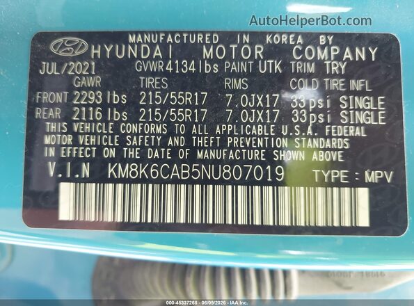 KM8K6CAB5NU807019 2022 HYUNDAI KONA Light Blue Widok komory silnika