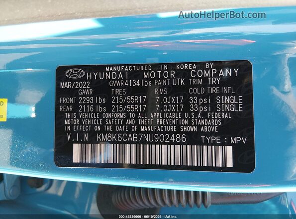 KM8K6CAB7NU902486 2022 HYUNDAI KONA Light Blue Вид підкапотного простору