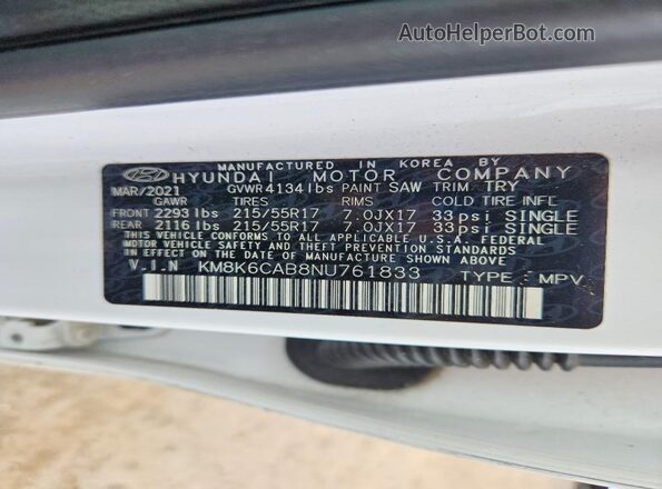 KM8K6CAB8NU761833 2022 HYUNDAI KONA White VIN sticker view