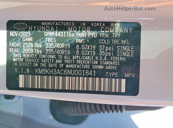 KM8KH3AC6NU001841 2022 HYUNDAI KONA White Vista de la etiqueta del VIN