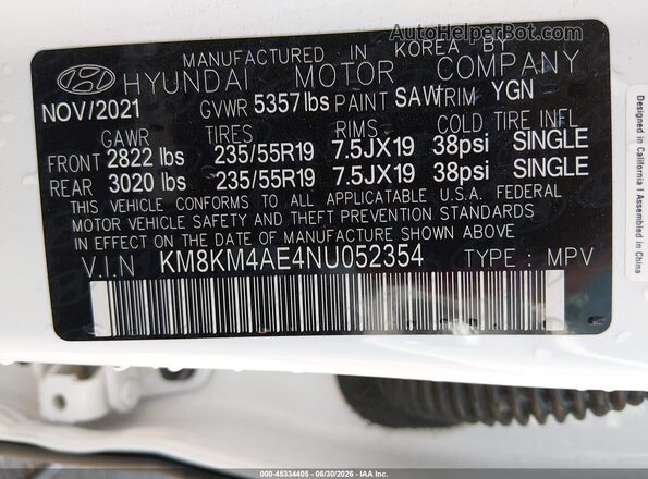 KM8KM4AE4NU052354 2022 HYUNDAI IONIQ 5 White Widok komory silnika