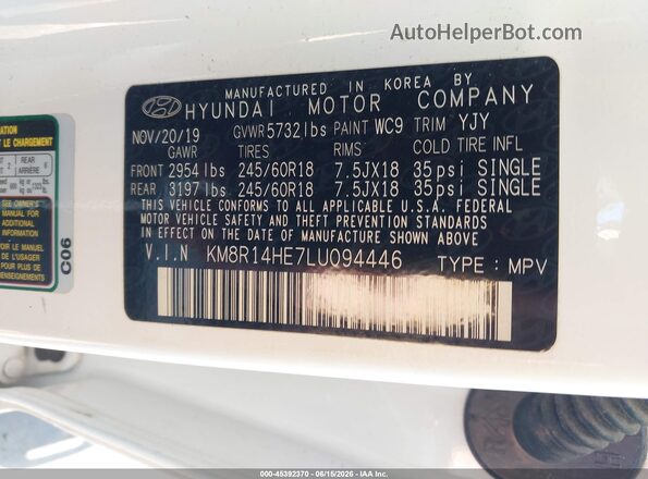 KM8R14HE7LU094446 2020 HYUNDAI PALISADE White Vista del compartimento del motor