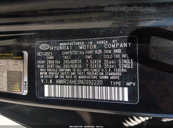 KM8R24HE3NU392220 2022 HYUNDAI PALISADE Black Widok komory silnika