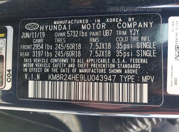 KM8R24HE9LU043947 2020 HYUNDAI PALISADE Black Vista interior de 360 grados