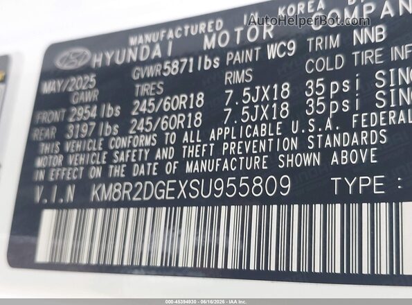 KM8R2DGEXSU955809 2025 HYUNDAI PALISADE White Вид підкапотного простору