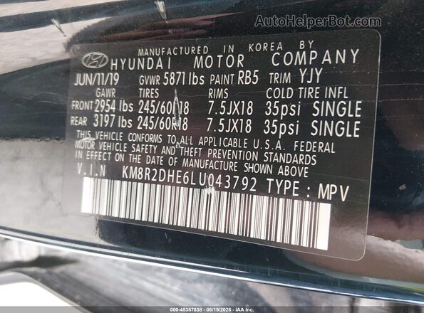 KM8R2DHE6LU043792 2020 HYUNDAI PALISADE Black Vista del compartimento del motor
