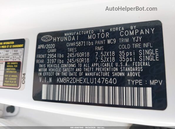 KM8R2DHEXLU147640 2020 HYUNDAI PALISADE White Շարժիչի բաժամունքի տեսք