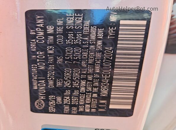 KM8R34HE0LU072024 2020 HYUNDAI PALISADE White 