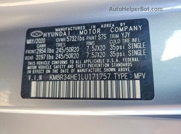 KM8R34HE1LU171757 2020 HYUNDAI PALISADE Серебряный 
