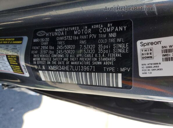 KM8R34HE7LU139671 2020 HYUNDAI PALISADE Gray Engine compartment view