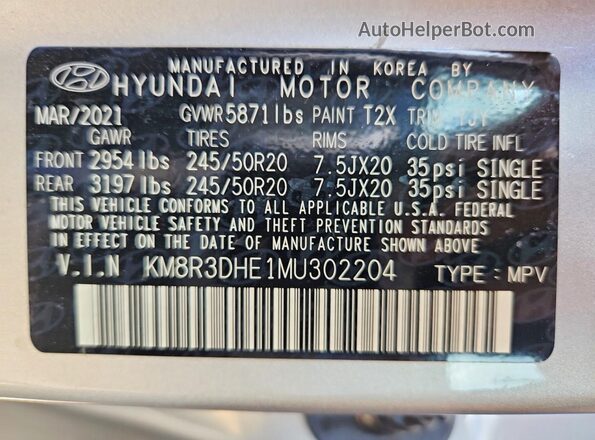 KM8R3DHE1MU302204 2021 HYUNDAI PALISADE Silver VIN կոդի պիտակի տեսք