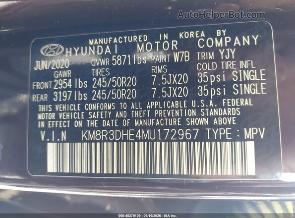 KM8R3DHE4MU172967 2021 HYUNDAI PALISADE Burgundy Widok komory silnika