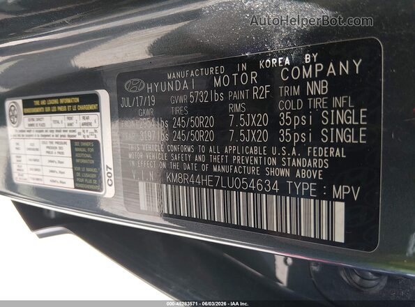 KM8R44HE7LU054634 2020 HYUNDAI PALISADE Gray Շարժիչի բաժամունքի տեսք