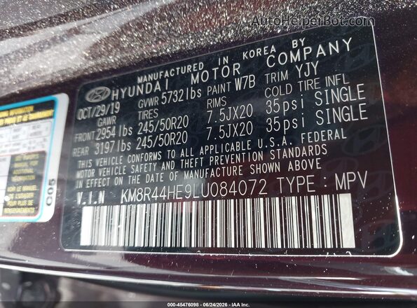 KM8R44HE9LU084072 2020 HYUNDAI PALISADE Purple Widok komory silnika
