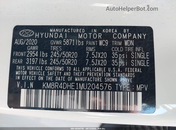 KM8R4DHE1MU204576 2021 HYUNDAI PALISADE White Widok komory silnika