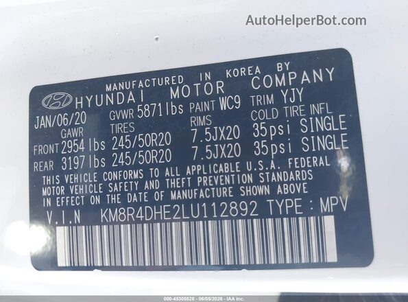 KM8R4DHE2LU112892 2020 HYUNDAI PALISADE White Vista del compartimento del motor
