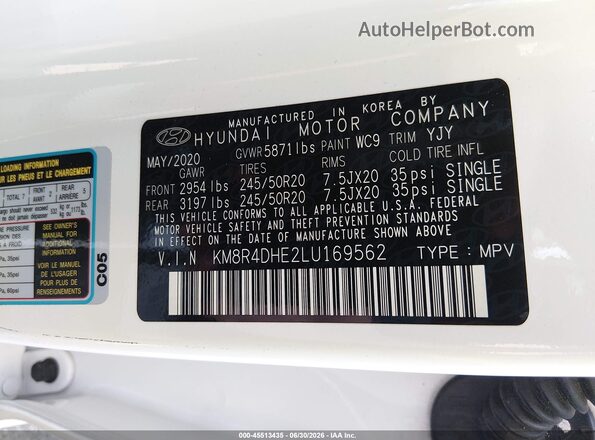 KM8R4DHE2LU169562 2020 HYUNDAI PALISADE White Widok komory silnika