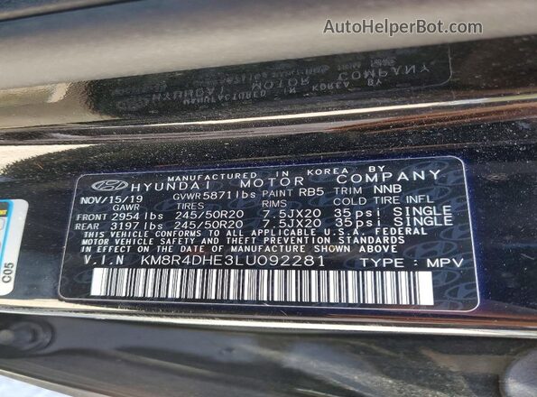 KM8R4DHE3LU092281 2020 HYUNDAI PALISADE Черный Вид наклейки с VIN-кодом