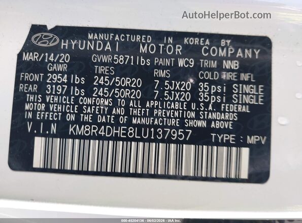 KM8R4DHE8LU137957 2020 HYUNDAI PALISADE White Շարժիչի բաժամունքի տեսք