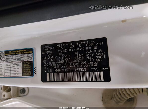 KM8R4DHE9LU163953 2020 HYUNDAI PALISADE White Вид підкапотного простору