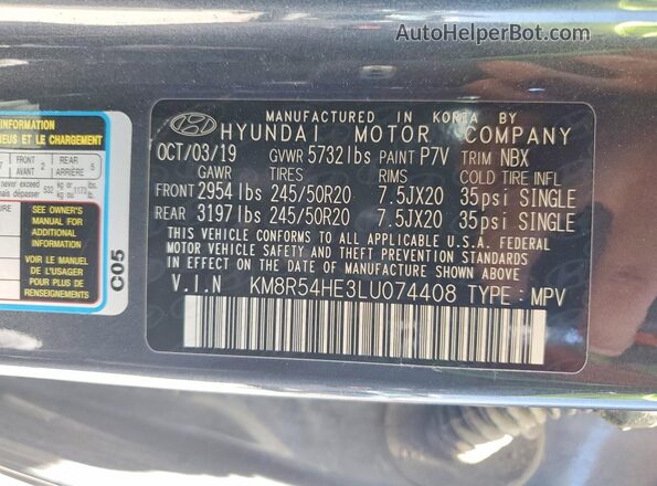 KM8R54HE3LU074408 2020 HYUNDAI PALISADE Charcoal VIN კოდის სტიკერის ხედი