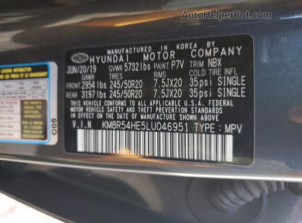 KM8R54HE5LU046951 2020 HYUNDAI PALISADE Gray Вид наклейки з VIN-кодом