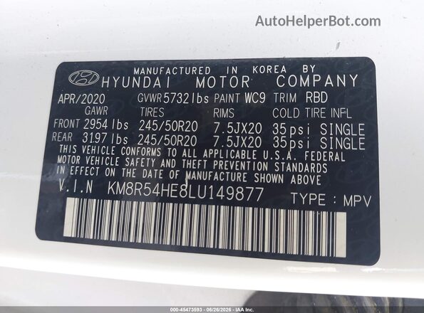 KM8R54HE8LU149877 2020 HYUNDAI PALISADE White Widok komory silnika
