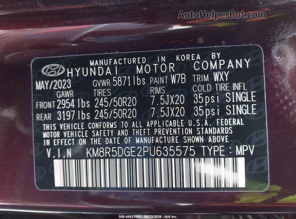 KM8R5DGE2PU635575 2023 HYUNDAI PALISADE Burgundy Вид підкапотного простору
