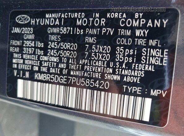 KM8R5DGE7PU585420 2023 HYUNDAI PALISADE Gray VIN კოდის სტიკერის ხედი