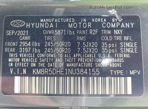 KM8R5DHE1NU384155 2022 HYUNDAI PALISADE Gray Вид підкапотного простору