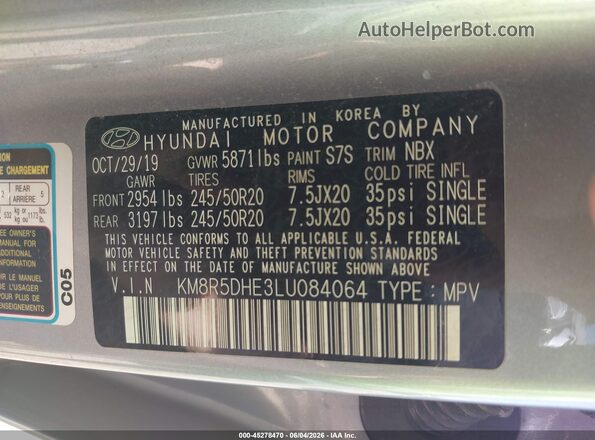 KM8R5DHE3LU084064 2020 HYUNDAI PALISADE Silver ძრავის განყოფილების ხედი