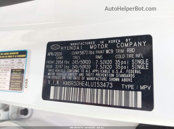 KM8R5DHE4LU153473 2020 HYUNDAI PALISADE White Вид підкапотного простору