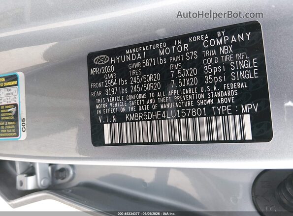 KM8R5DHE4LU157801 2020 HYUNDAI PALISADE Silver Widok komory silnika