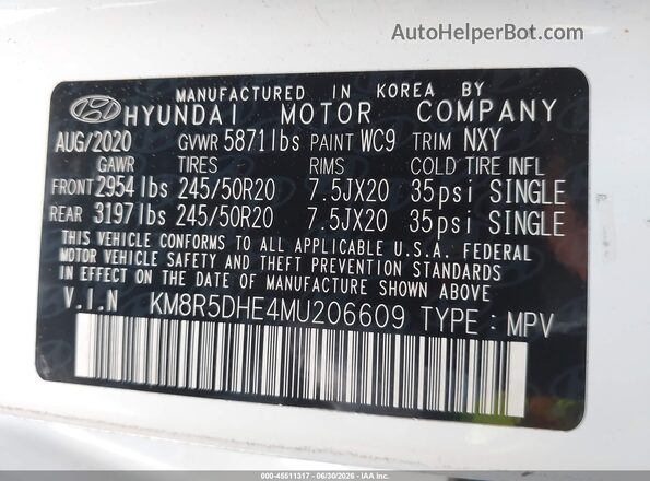 KM8R5DHE4MU206609 2021 HYUNDAI PALISADE White ძრავის განყოფილების ხედი