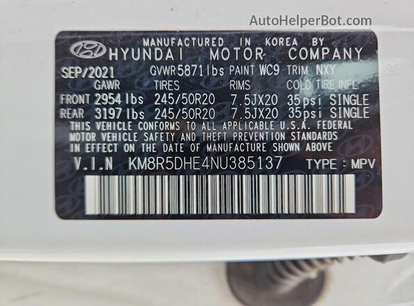 KM8R5DHE4NU385137 2022 HYUNDAI PALISADE White 