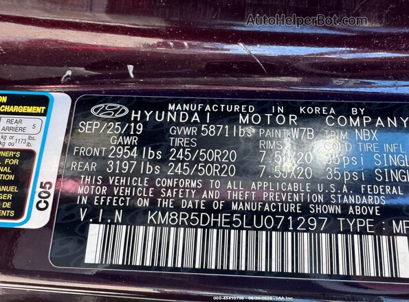 KM8R5DHE5LU071297 2020 HYUNDAI PALISADE Red Вид підкапотного простору