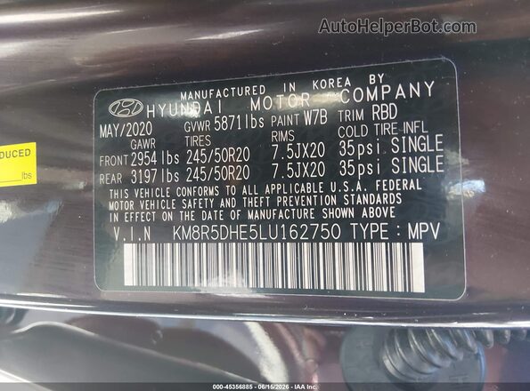 KM8R5DHE5LU162750 2020 HYUNDAI PALISADE Maroon Вид підкапотного простору