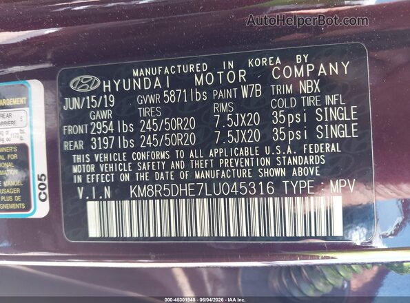 KM8R5DHE7LU045316 2020 HYUNDAI PALISADE Burgundy Շարժիչի բաժամունքի տեսք