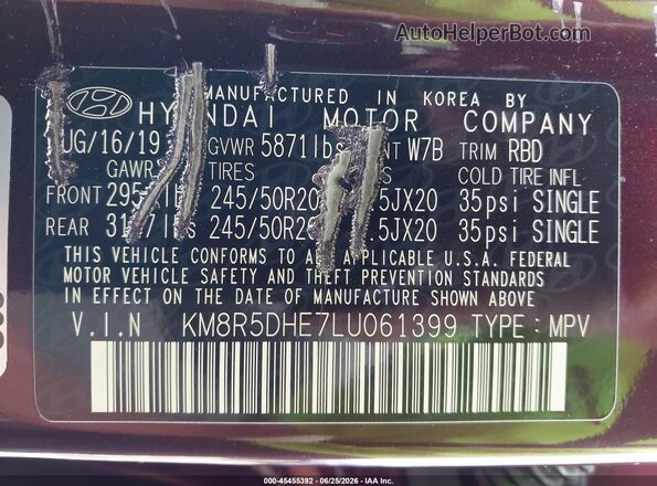 KM8R5DHE7LU061399 2020 HYUNDAI PALISADE Maroon Вид підкапотного простору